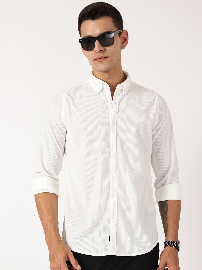 Thomas Scott Men White Premium Slim Fit Corduroy Casual Shirt