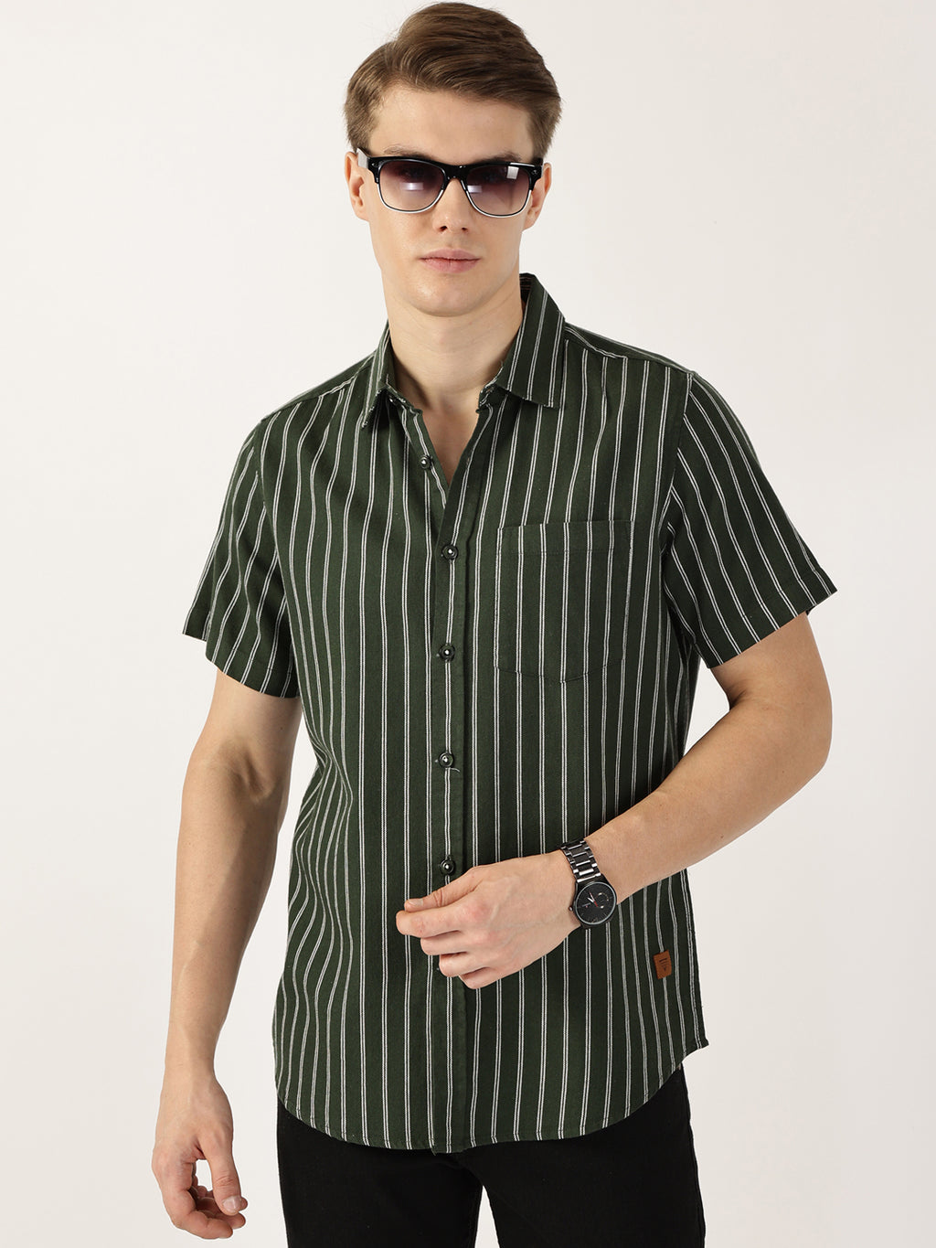 Thomas Scott Men Bottle Green Classic Slim Fit Striped Cotton Casual Shirt