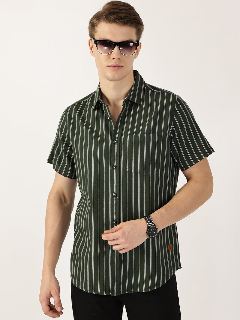 Thomas Scott Men Bottle Green Classic Slim Fit Striped Cotton Casual Shirt