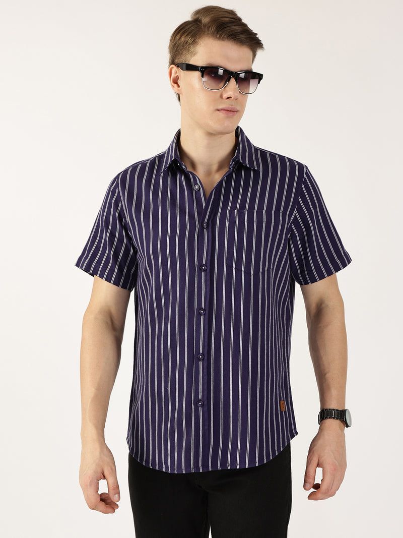 Thomas Scott Men Dark Blue Classic Slim Fit Striped Cotton Casual Shirt