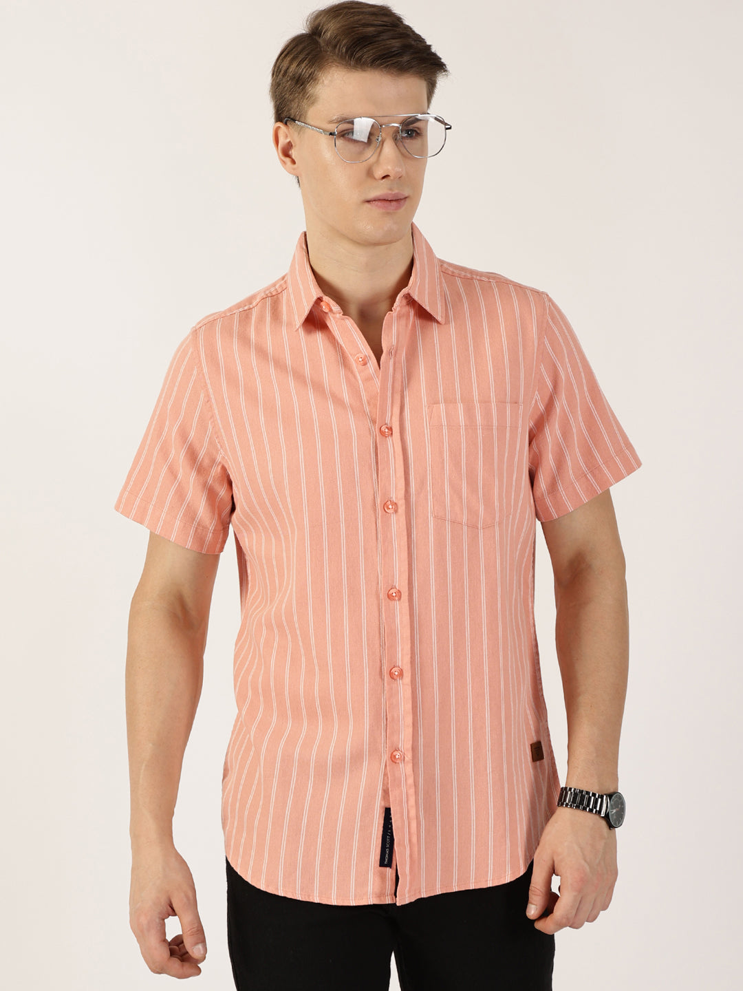 Thomas Scott Men Pink Classic Slim Fit Striped Cotton Casual Shirt