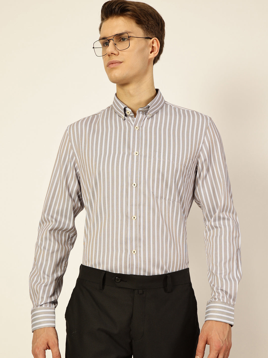 Thomas Scott Men Brown Smart Regular Fit Striped Cotton Formal Shirt