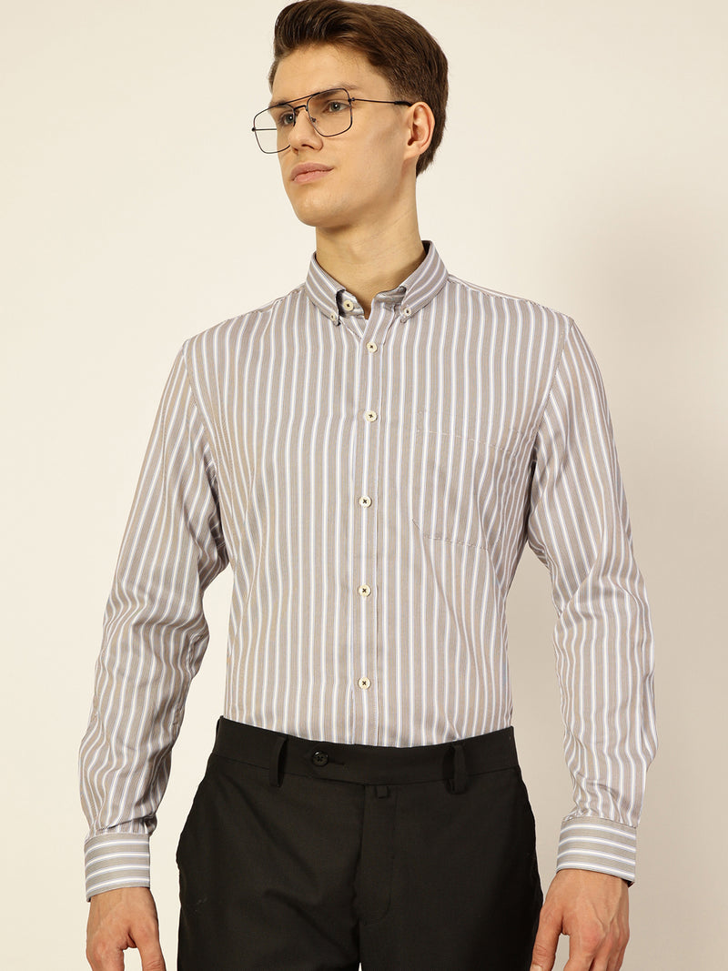 Thomas Scott Men Brown Smart Regular Fit Striped Cotton Formal Shirt