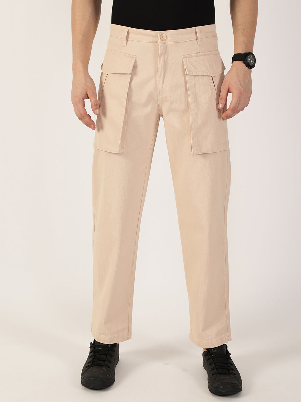 Thomas Scott Men Fawn Regular Fit Cargos Cotton Trousers