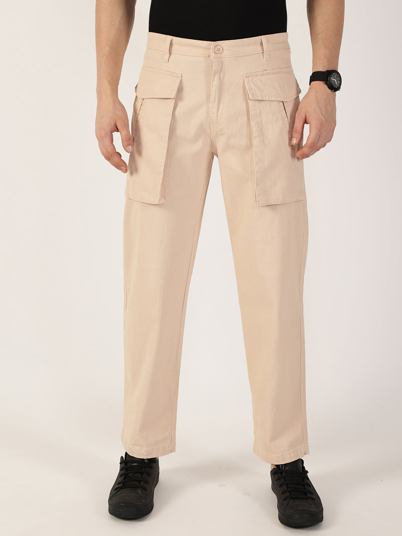 Thomas Scott Men Fawn Regular Fit Cargos Cotton Trousers