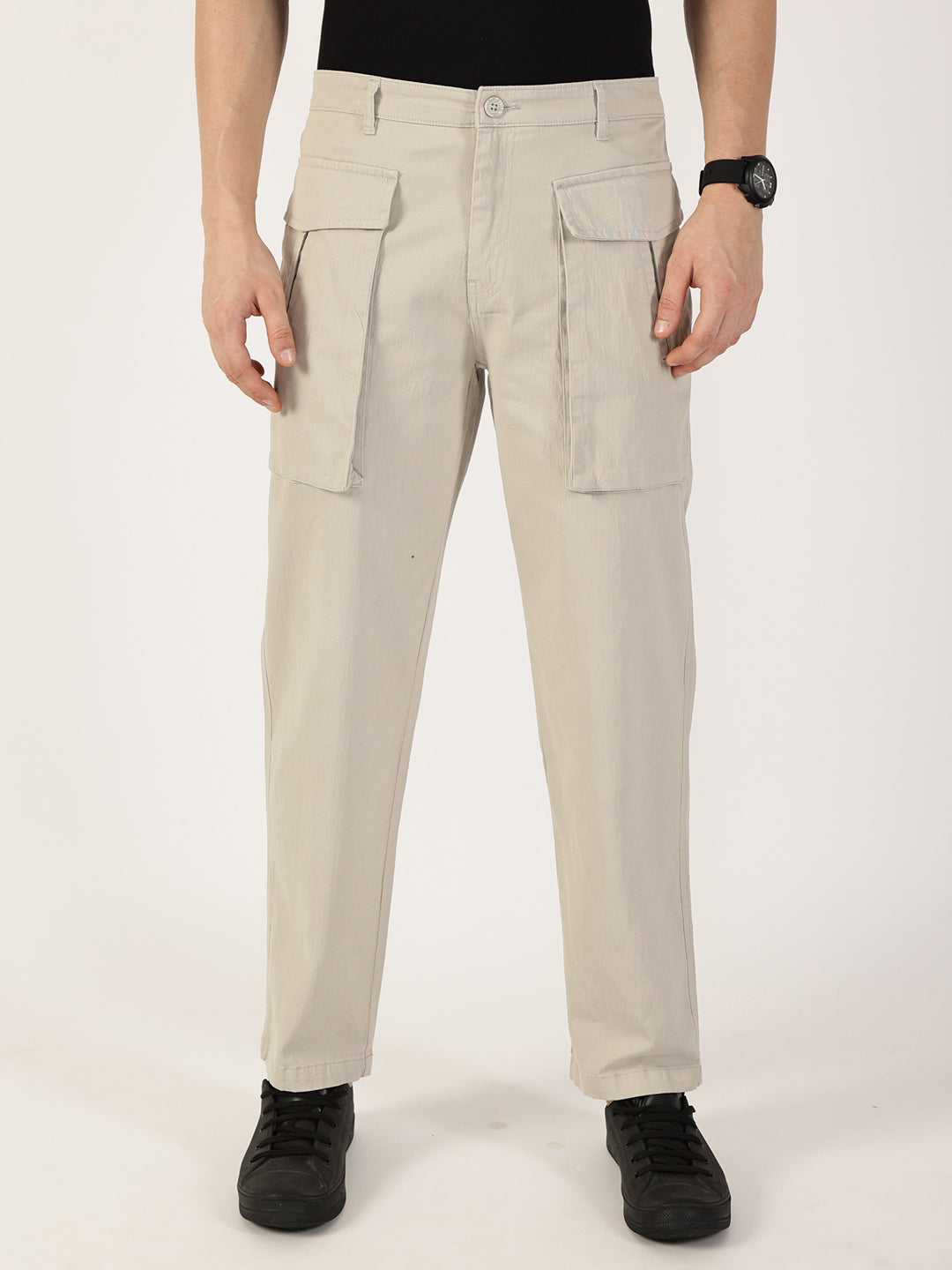 Thomas Scott Men Light Grey Regular Fit Cargos Cotton Trousers