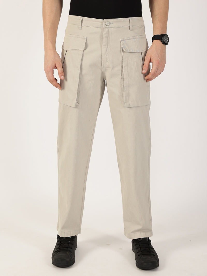 Thomas Scott Men Light Grey Regular Fit Cargos Cotton Trousers