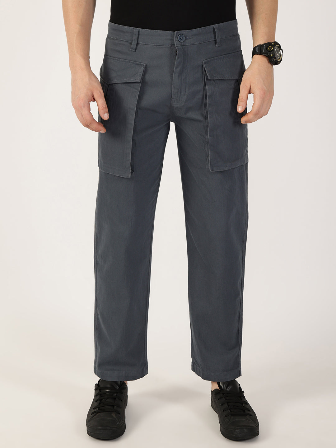 Thomas Scott Men Mid Blue Regular Fit Cargos Cotton Trousers