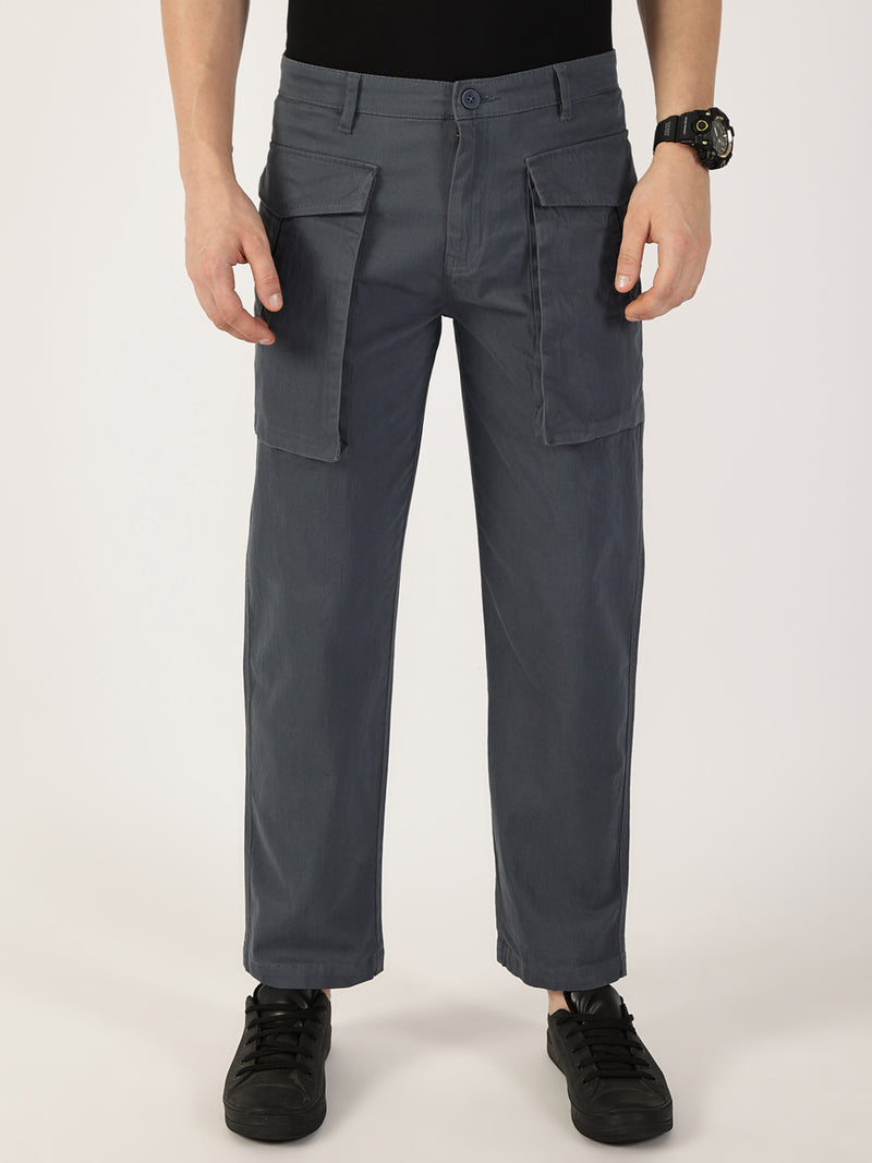 Thomas Scott Men Mid Blue Regular Fit Cargos Cotton Trousers