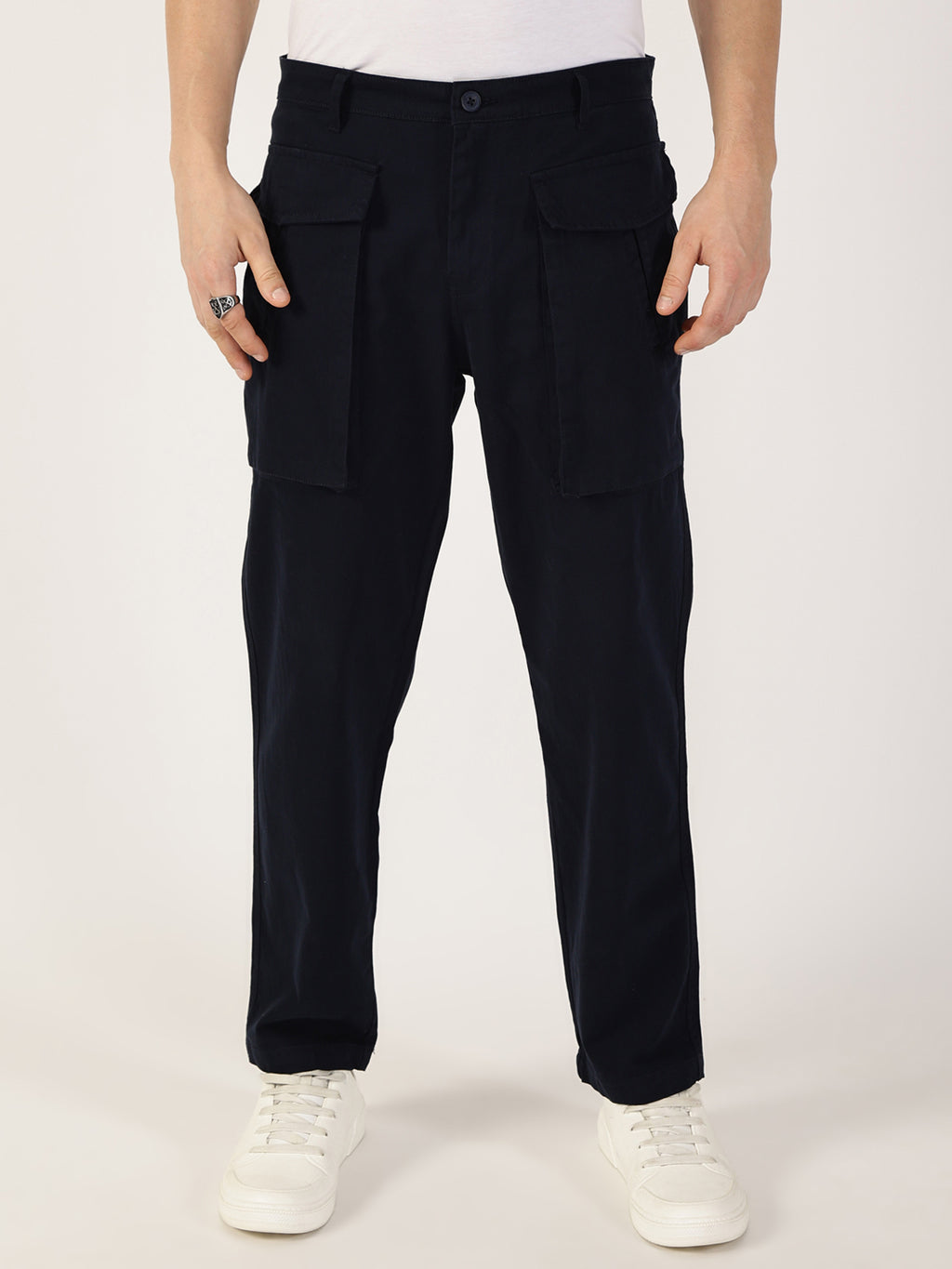 Thomas Scott Men Navy Regular Fit Cargos Cotton Trousers