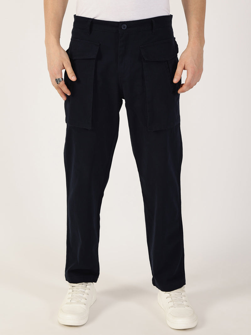 Thomas Scott Men Navy Regular Fit Cargos Cotton Trousers