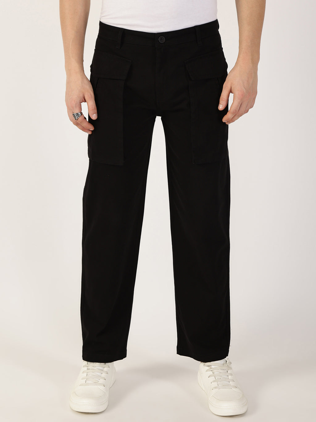 Thomas Scott Men Zed Black Regular Fit Cargos Cotton Trousers