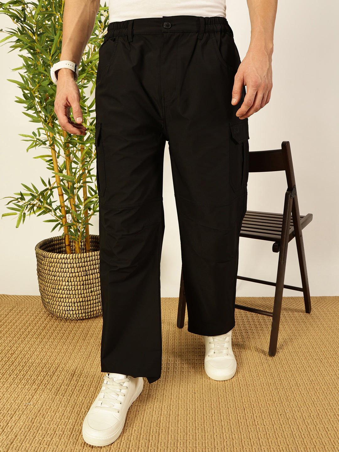 Thomas Scott Men Black Smart Loose Fit Woven Cargo Trousers