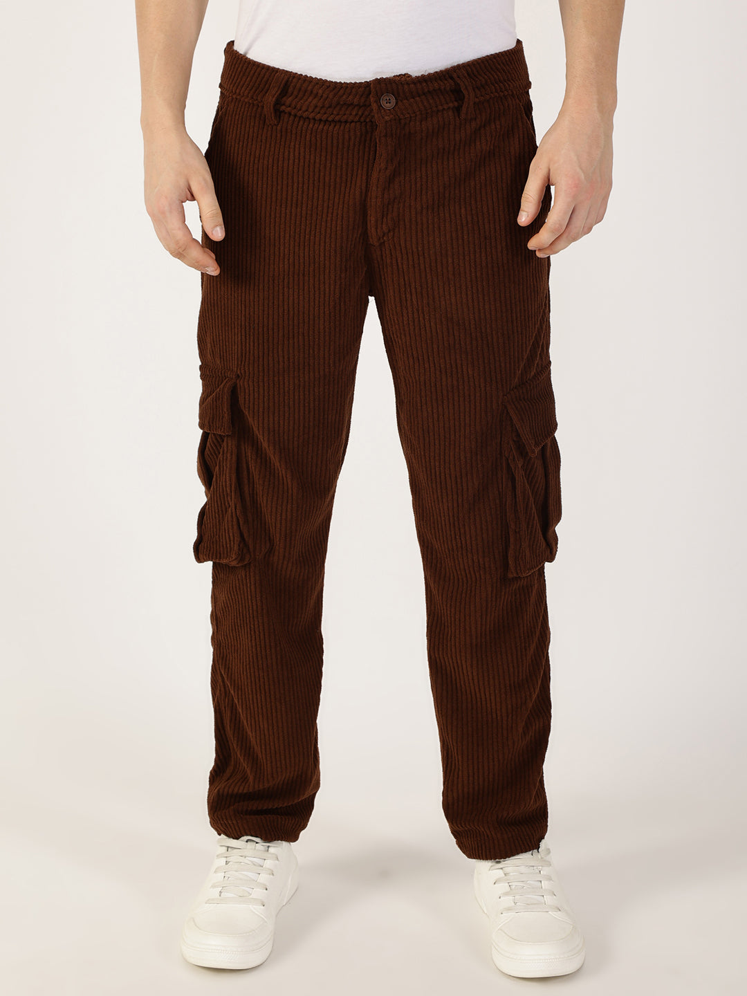 Thomas Scott Men Brown Smart Regular Fit Corduroy Cargos