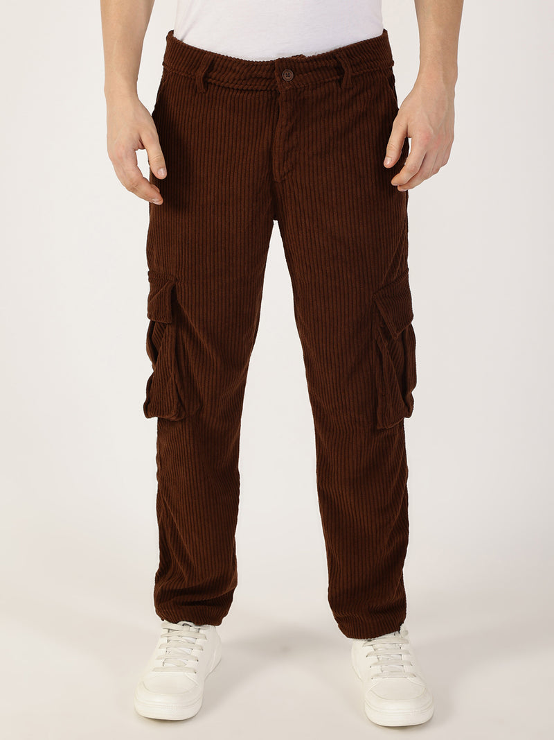 Thomas Scott Men Brown Smart Regular Fit Corduroy Cargos