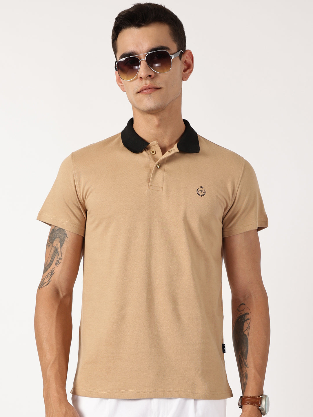 Thomas Scott Men Beige Solid Polo Collar Cotton Knitted T-shirt