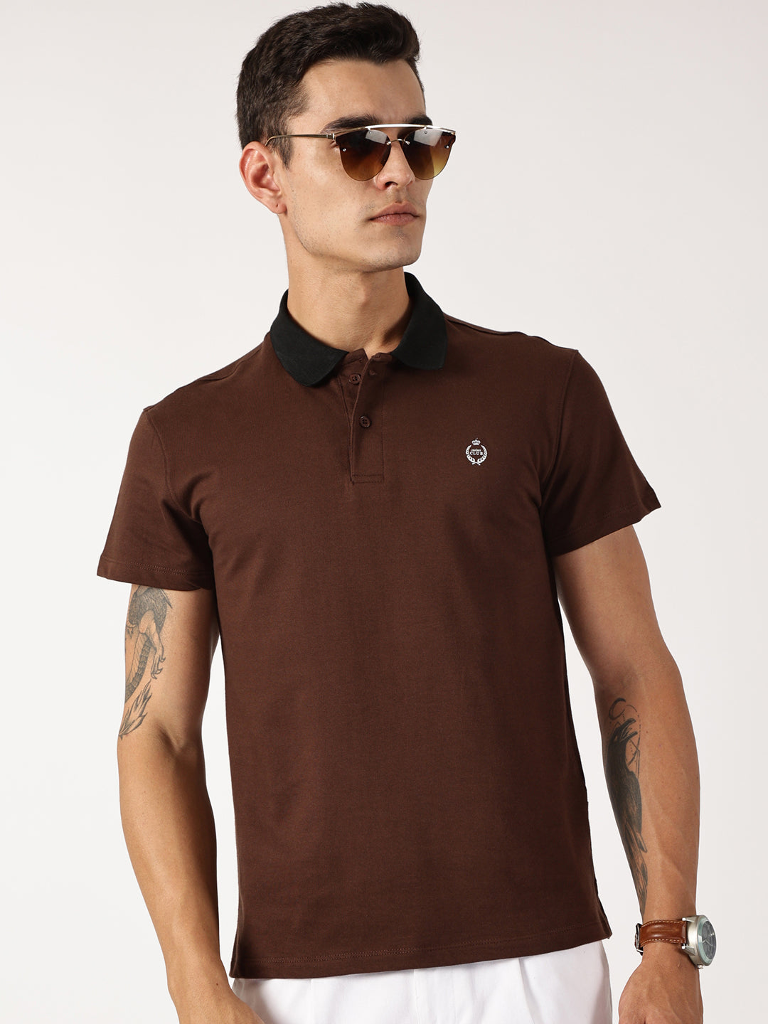 Thomas Scott Men Chocolate Solid Polo Collar Cotton Knitted T-shirt