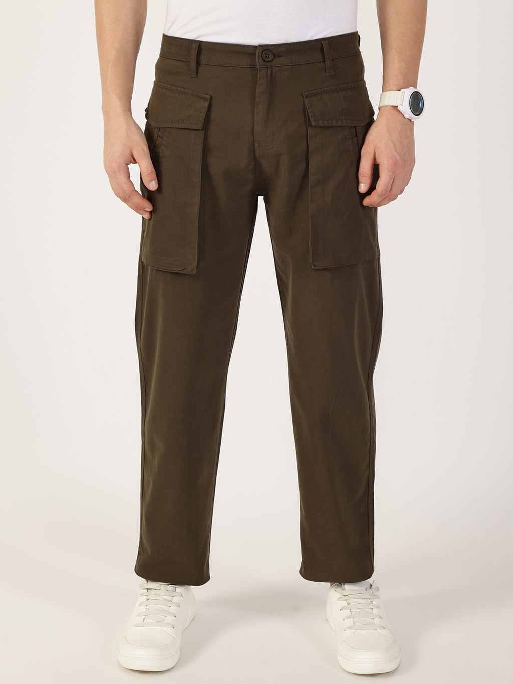Thomas Scott Men Mehandi Regular Fit Cargos Cotton Trousers