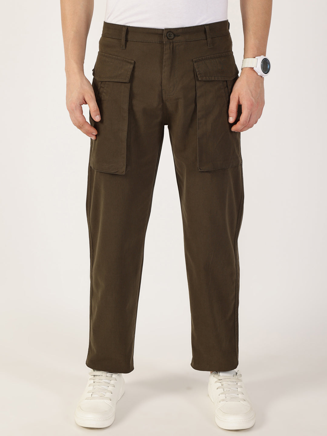 Thomas Scott Men Mehandi Regular Fit Cargos Cotton Trousers