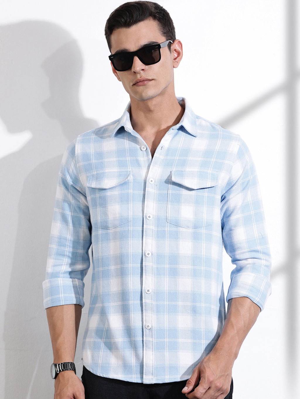 Thomas Scott Men Blue Regular Fit Long Sleeves Windowpane Checks Casual Shirt
