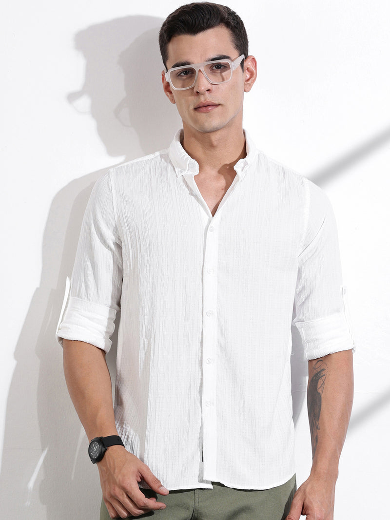 Thomas Scott Men White Slim Fit Long Sleeves Textured Casual Shirt