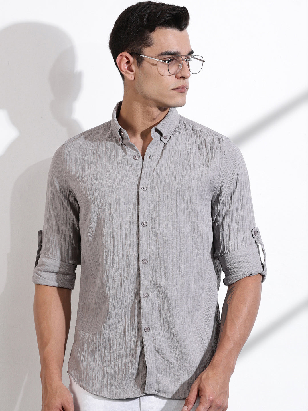 Thomas Scott Men Grey Slim Fit Long Sleeves Textured Casual Shirt
