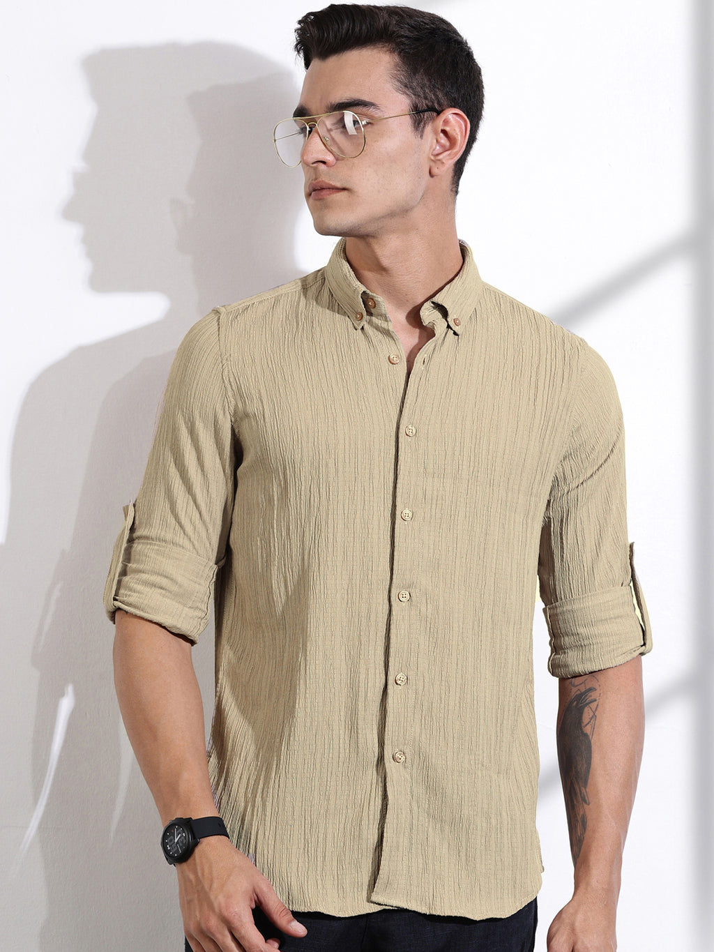 Thomas Scott Men Beige Slim Fit Long Sleeves Textured Casual Shirt