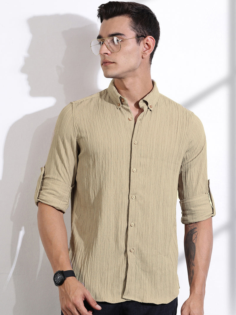 Thomas Scott Men Beige Slim Fit Long Sleeves Textured Casual Shirt