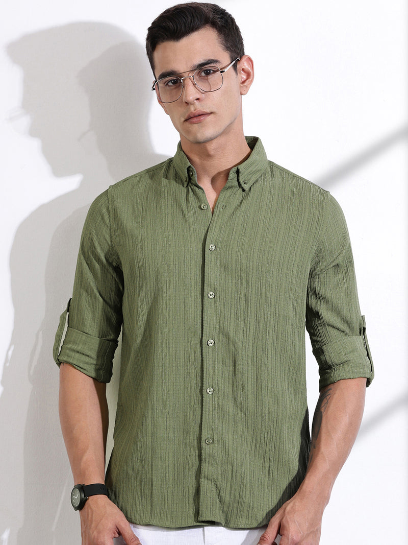 Thomas Scott Men Olive Slim Fit Long Sleeves Textured Casual Shirt