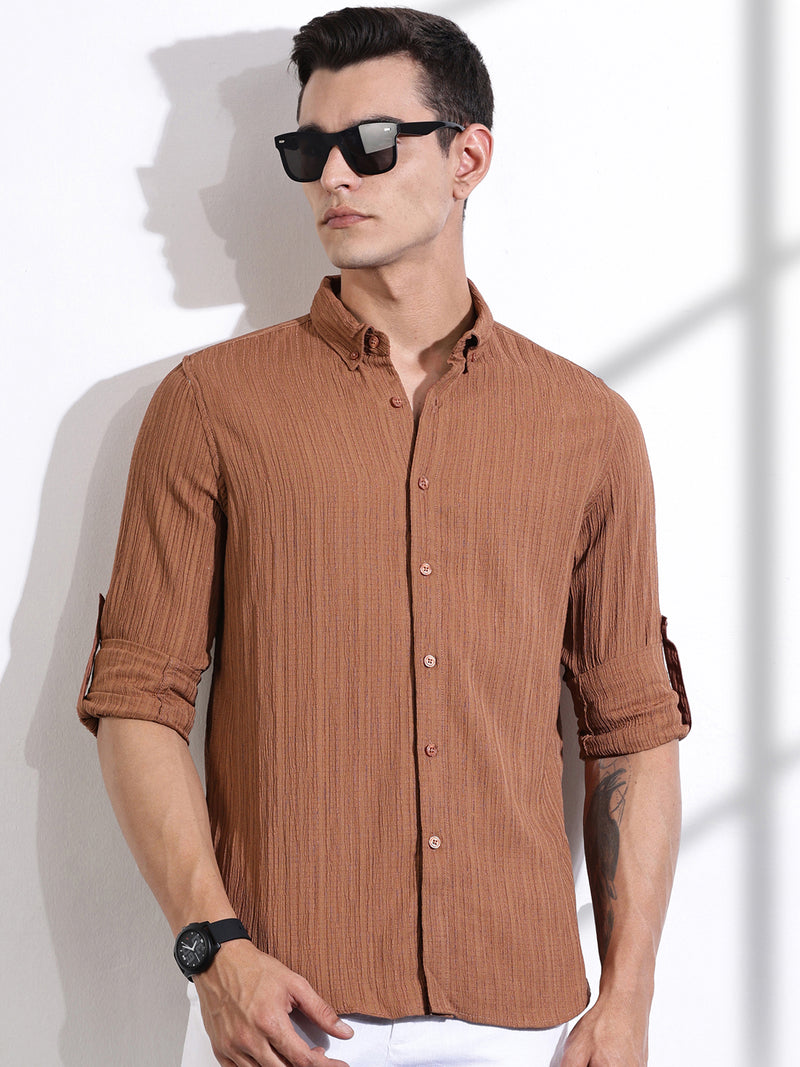 Thomas Scott Men Brown Slim Fit Long Sleeves Textured Casual Shirt