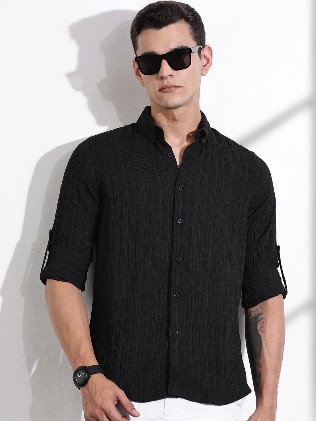 Thomas Scott Men Black Slim Fit Long Sleeves Textured Casual Shirt