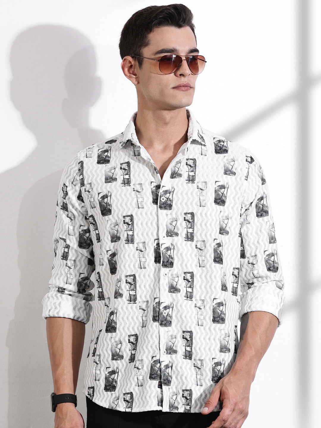 Thomas Scott Men Olive Slim Fit Long Sleeves Abstract Printed Casual Shirt