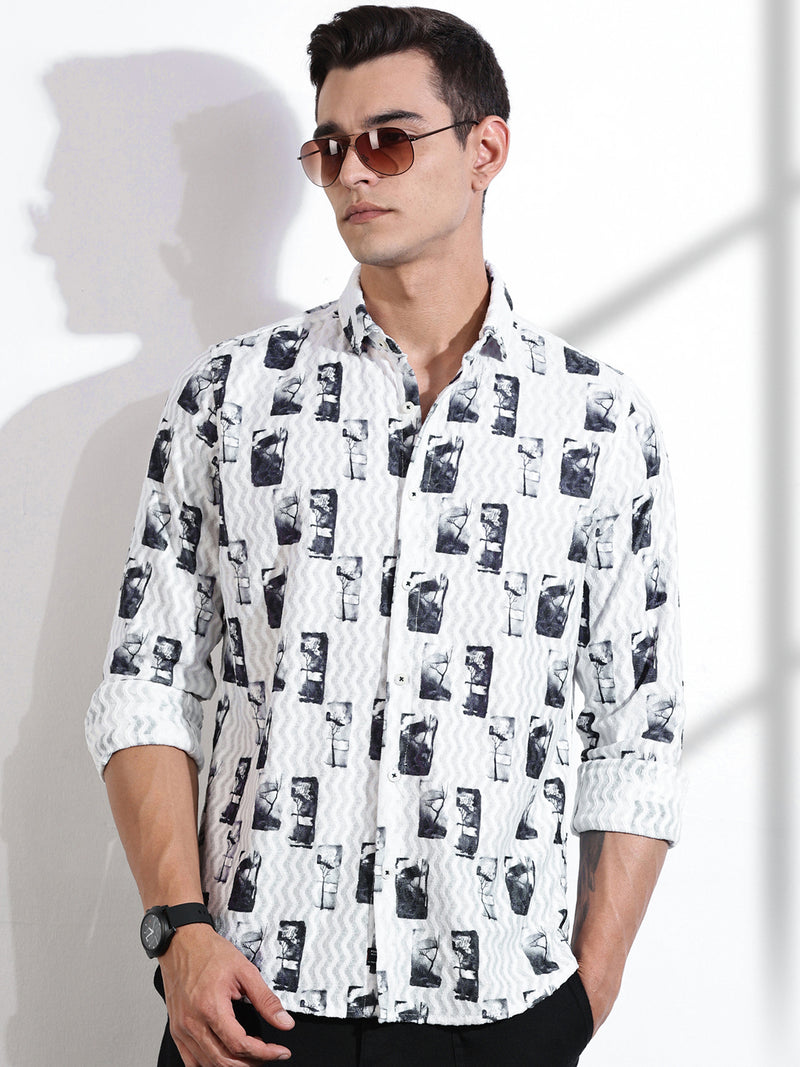 Thomas Scott Men Grey Slim Fit Long Sleeves Abstract Printed Casual Shirt