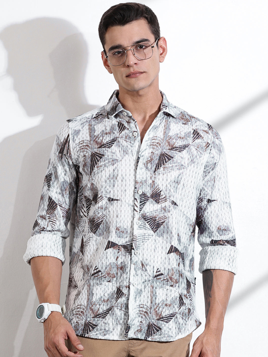 Thomas Scott Men Grey Slim Fit Long Sleeves Abstract Printed Casual Shirt