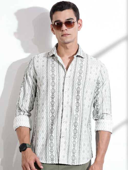 Thomas Scott Men Olive Slim Fit Long Sleeves Abstract Printed Casual Shirt