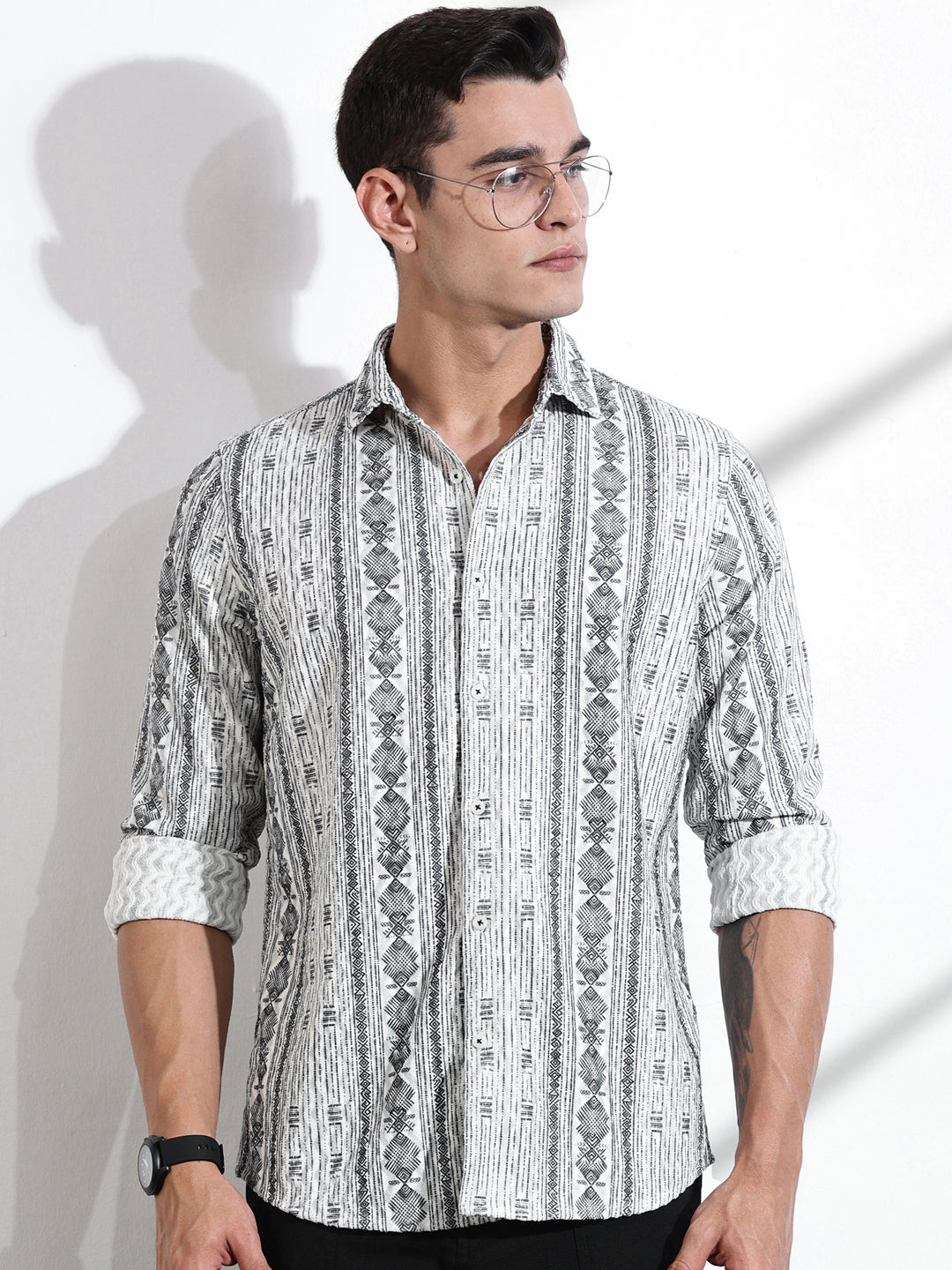 Thomas Scott Men Grey Slim Fit Long Sleeves Abstract Printed Casual Shirt