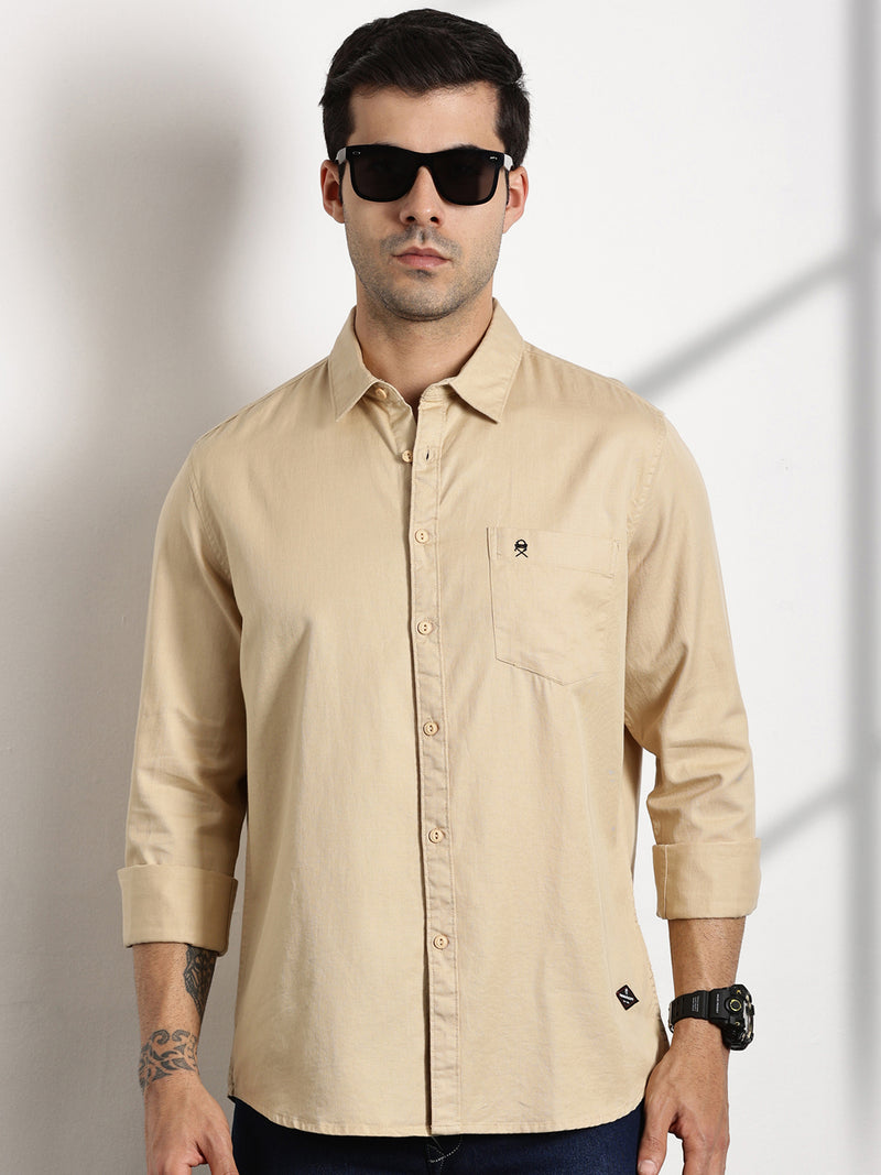 Thomas Scott Men Beige Slim Fit Long Sleeves Solid Cotton Casual Shirt