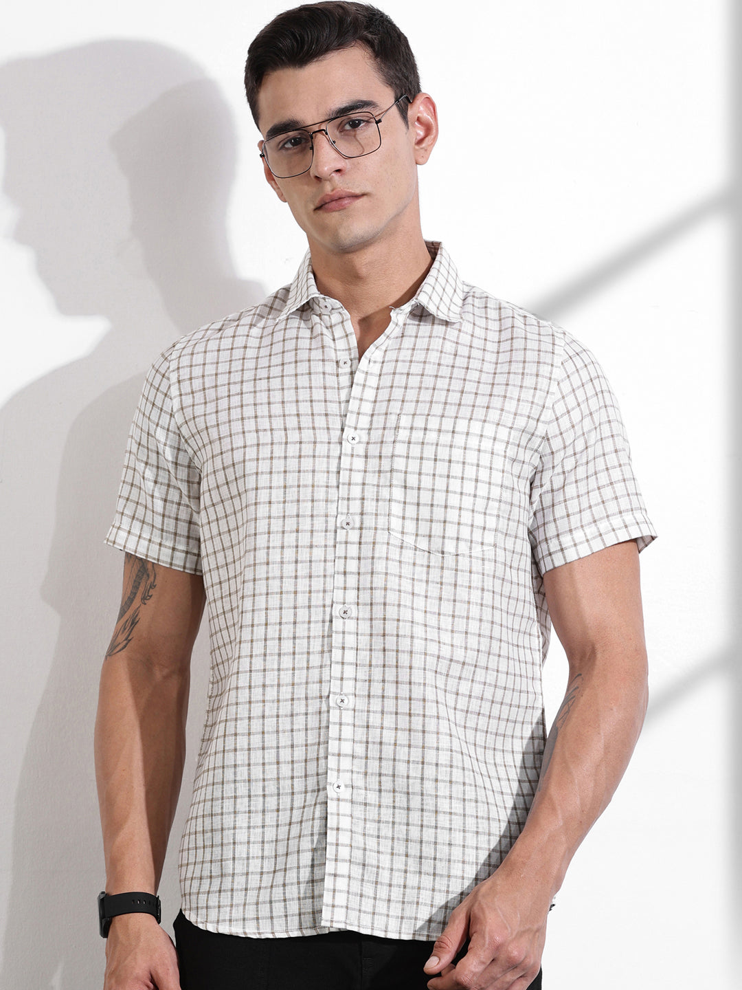 Thomas Scott Men Brown Slim Fit Gingham Checks Linen Casual Shirt