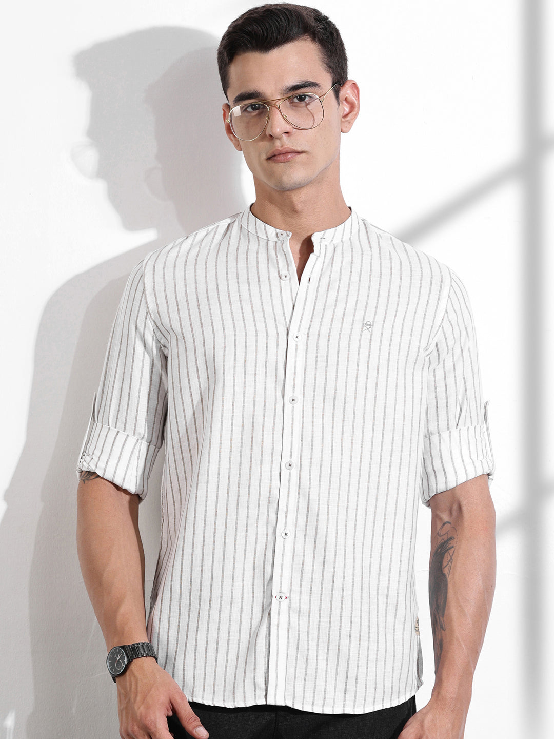 Thomas Scott Men Brown Slim Fit Vertical Stripes Linen Casual Shirt