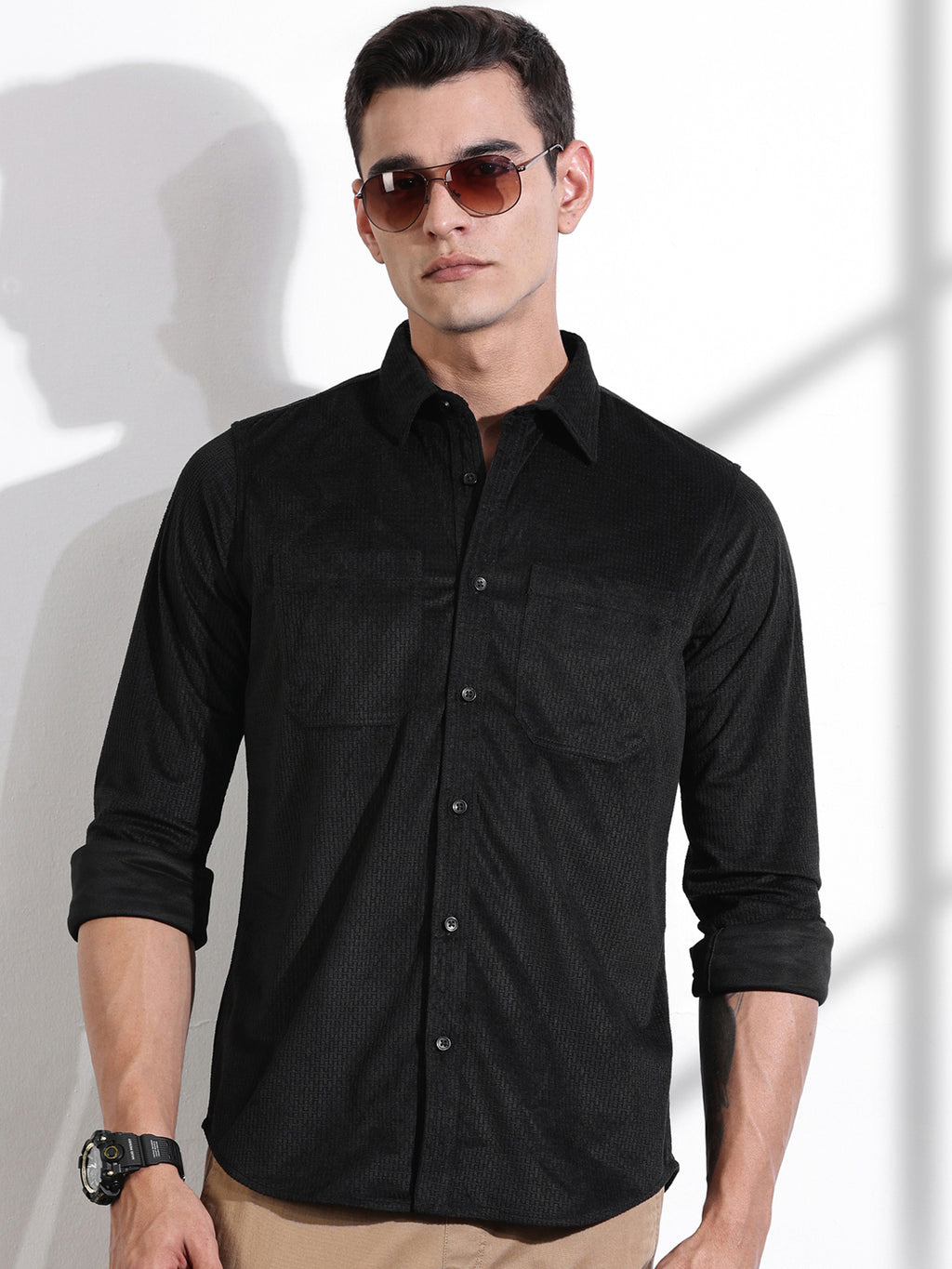Thomas Scott Men Black Slim Fit Long Sleeves Self-Structured Velvet Casual Shirt