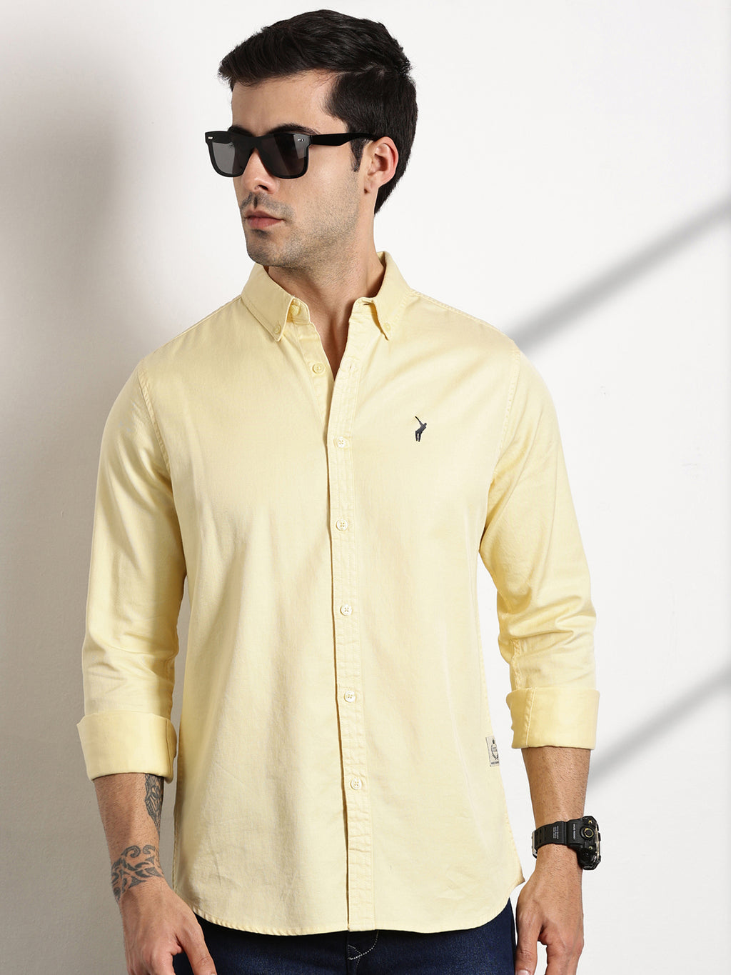 Thomas Scott Men Yellow Button Down Collar Slim Fit Solid Cotton Casual Shirt