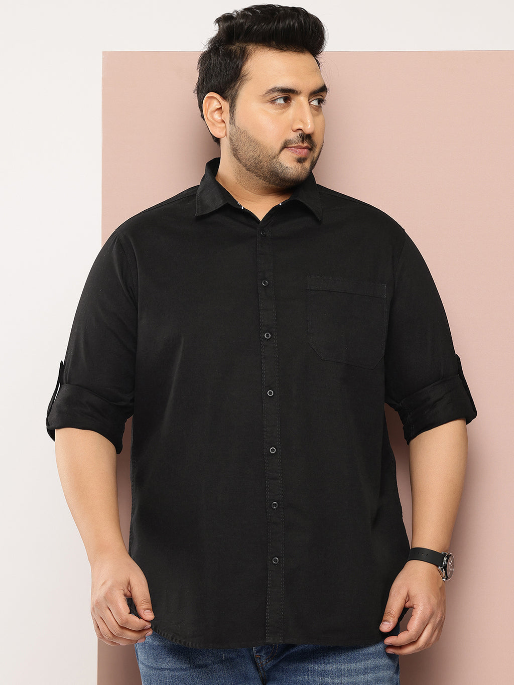 Black Plus Size Regular Fit Long Sleeves Solid Cotton Casual Shirt