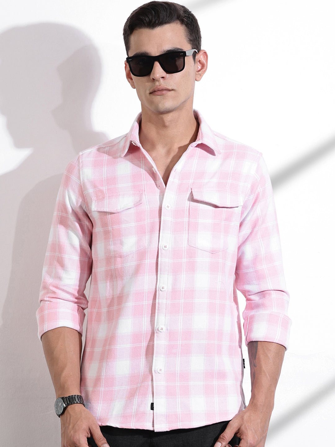 Thomas Scott Men Pink Regular Fit Long Sleeves Windowpane Checks Casual Shirt