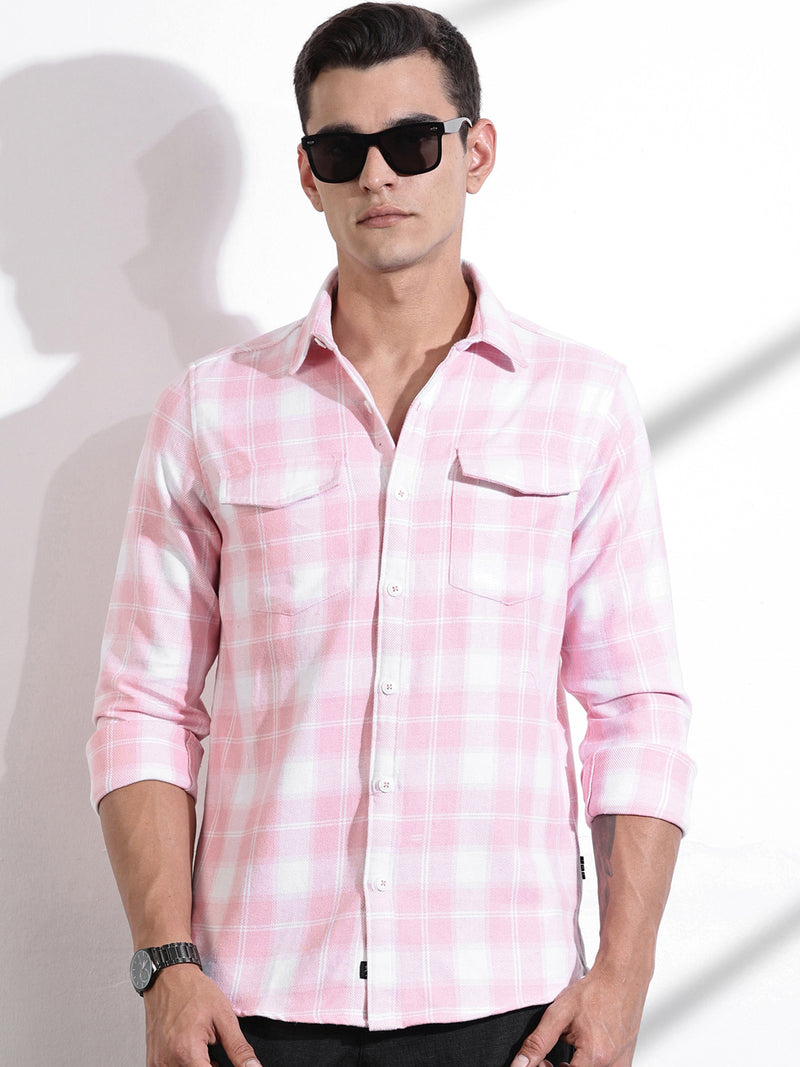 Thomas Scott Men Pink Regular Fit Long Sleeves Windowpane Checks Casual Shirt