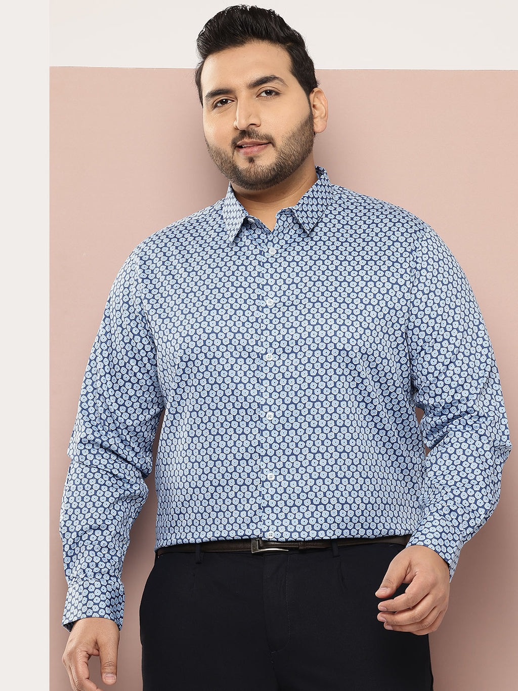Thomas Scott Men Blue Plus Size Regular Fit Long Sleeves Abstract Printed Formal Shirt