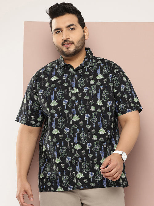 Thomas Scott Men Black Plus Size Regular Fit Short Sleeves Floral Printed Casual Shirt