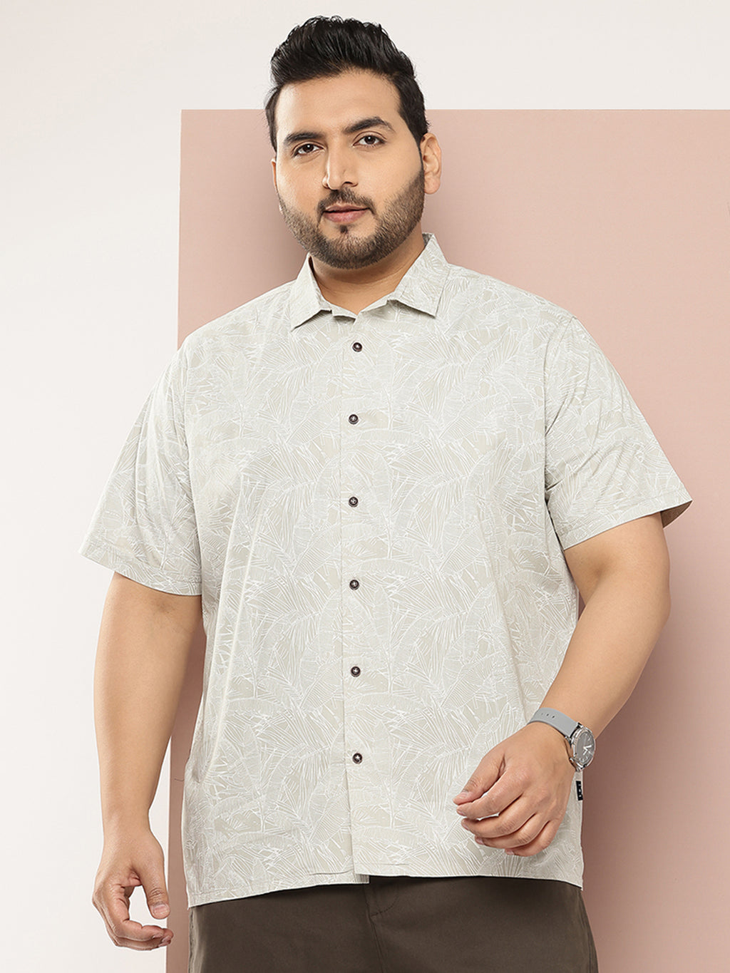 Thomas Scott Men Cream Plus Size Regular Fit Short Sleeves Floral Printed Casual Shirt