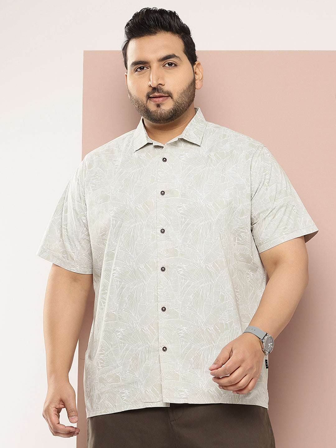 Thomas Scott Men Cream Plus Size Regular Fit Short Sleeves Floral Printed Casual Shirt
