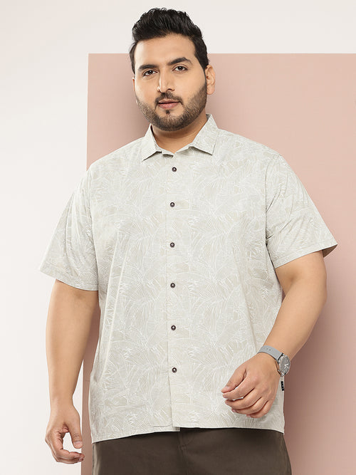 Thomas Scott Men Cream Plus Size Regular Fit Short Sleeves Floral Printed Casual Shirt