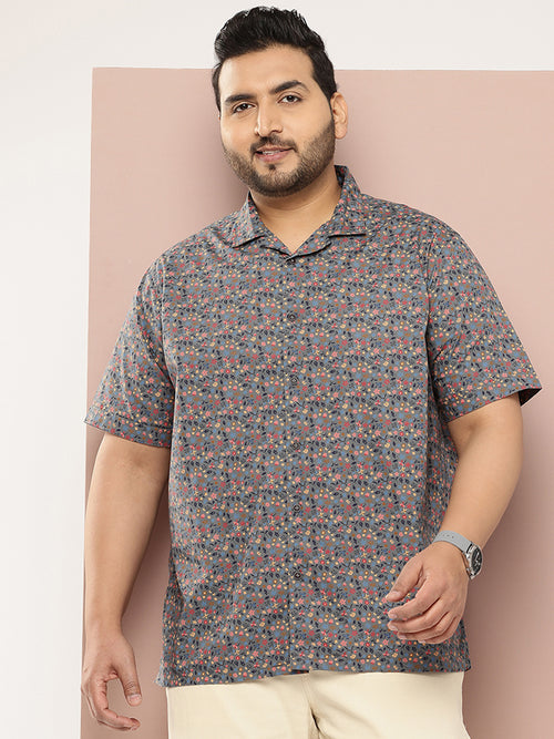 Thomas Scott Men Grey Plus Size Regular Fit Short Sleeves Floral Printed Casual Shirt